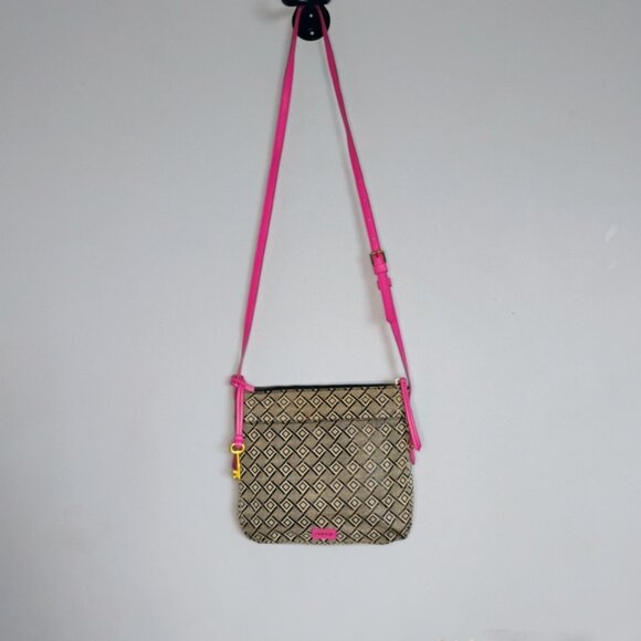 Fossil Black White Weave Geometric Pattern with Pink Leather Trim Crossbody Bag - Picture 9 of 11